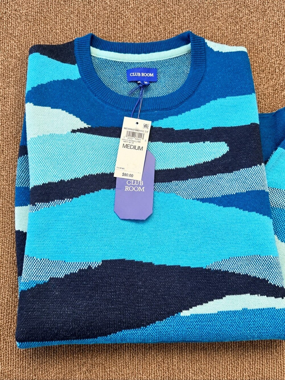 Club Room Men's Merino Wool Abstract Sweater Blue Size M NWT